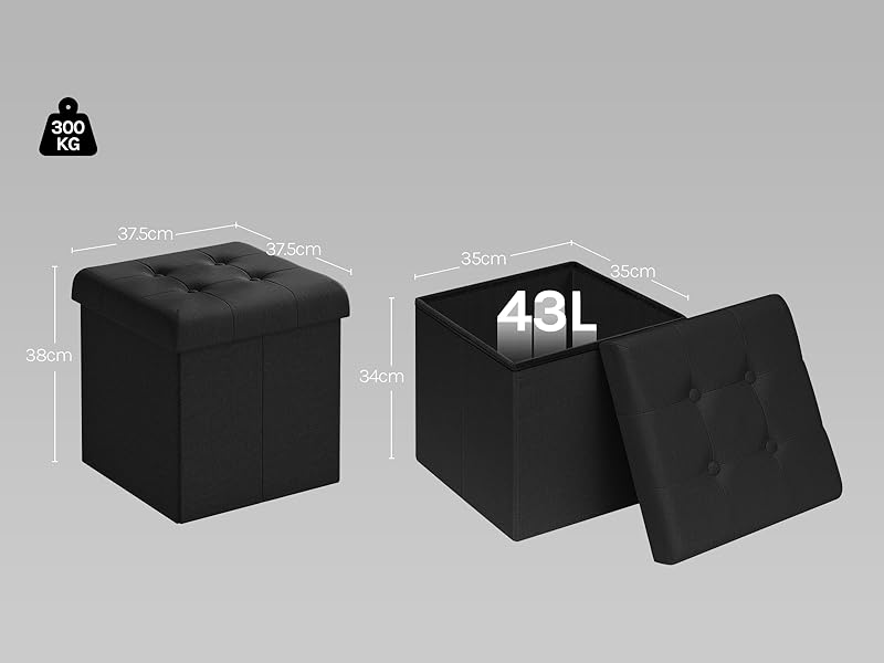 negra con tapa capitoné. Dimensiones: 37,5 cm x 37,5 cm x 38 cm. Capacidad de 43 litros. Límite de peso de 300 kg. Se muestra cerrada