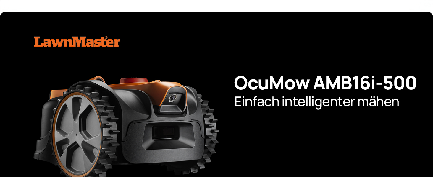 Der Text lautet „LawnMaster“ und „Ocumow AMB161-500". Marketingbanner für Rasenpflegegeräte mit Produktlogo.