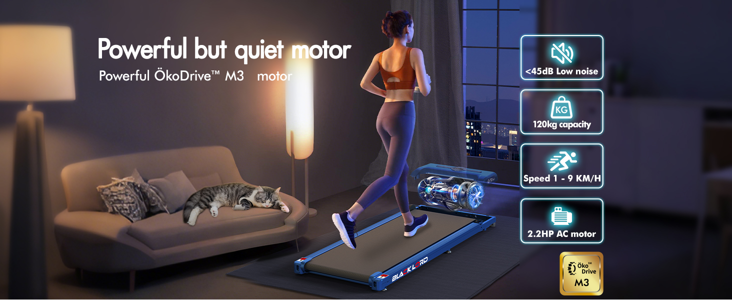 Text reads 'Powerful but quiet motor'. Exercise equipment interface showing person using treadmill with three menu icons displayed on screen.