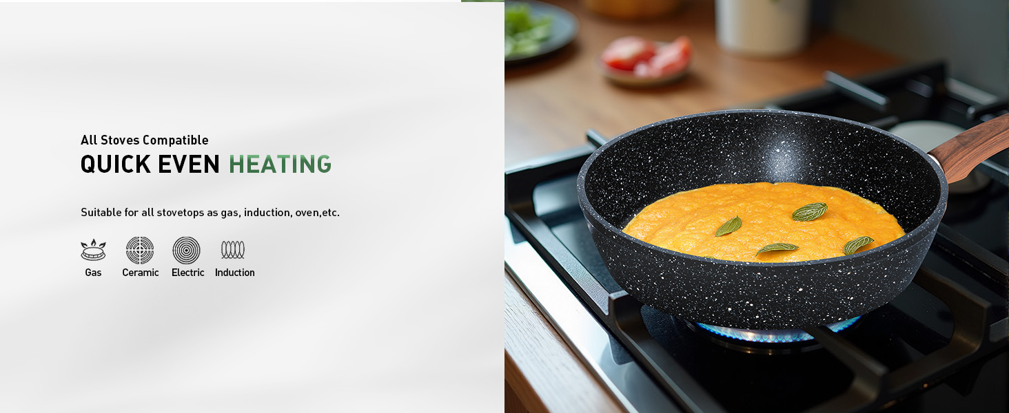Non-stick frying pan with speckled interior cooking yellow liquid on a gas stove. Text indicates quick, even heating feature.