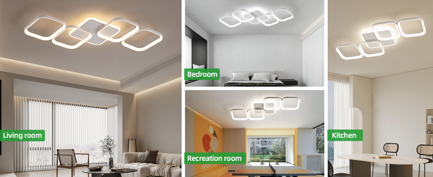 Moderne LED-Deckenleuchte mit miteinander verbundenen rechteckigen Formen, die in verschiedenen Raumeinstellungen wie Wohnzimmer, Schlafzimmer, Aufenthaltsraum und Küche zu sehen