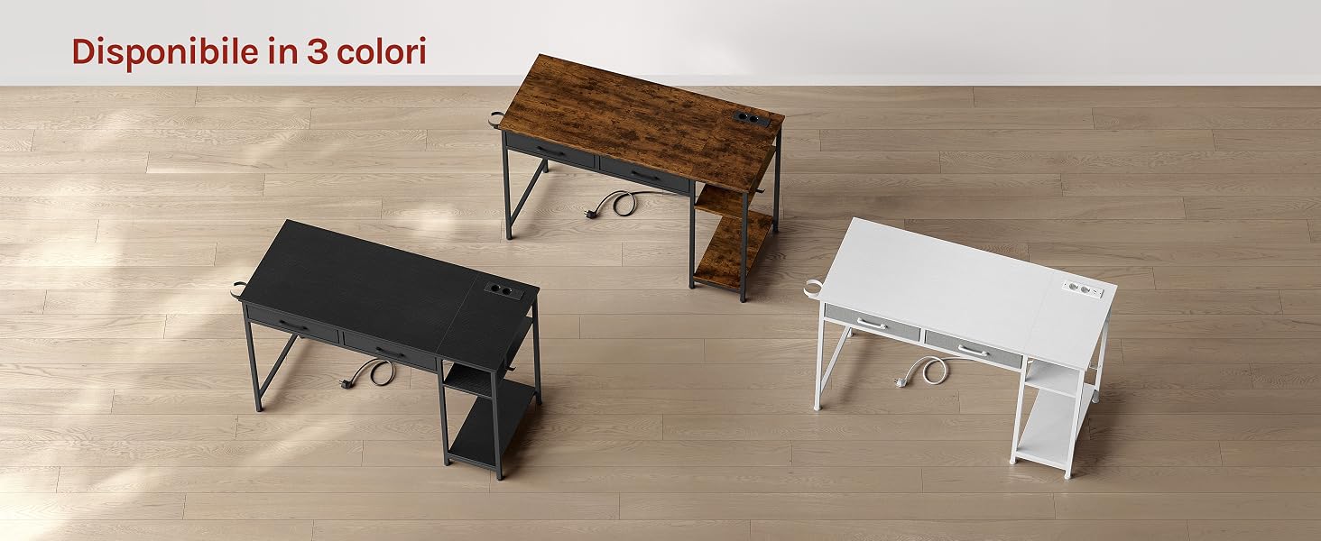 Il testo dice 'Disponibile in 3 colori'. Sequenza che mostra panche o sgabelli in legno di diversi colori con telai in metallo disposti su pavimenti in legno.