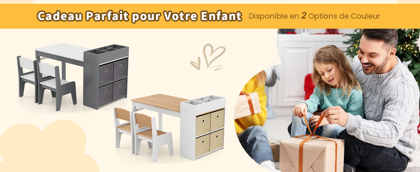 avec rangement. Deux options de couleur sont affichées : gris et blanc. Comprend une table, deux chaises et des tiroirs de rangement intégrés. L'image comprend une scène de cadeau familial.