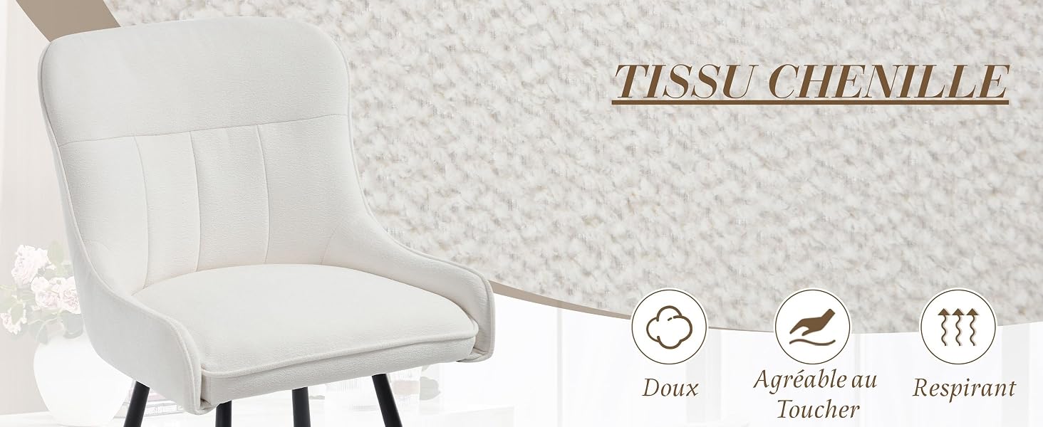 Le texte indique « TISSU CHENILLE ». Images de produits montrant un tissu texturé blanc ou un matériau de rembourrage avec des icônes indiquant les caractéristiques du produit.