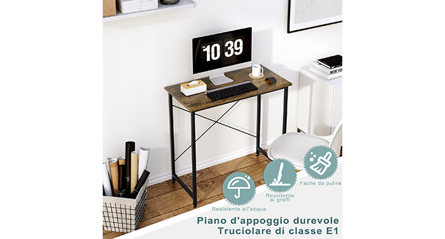Scrivania compatta in legno con struttura in metallo, esposta in un ambiente home office. Orologio digitale, laptop e forniture per ufficio su Surface. Le icone indicano caratteristiche resistenti e impermeabili.