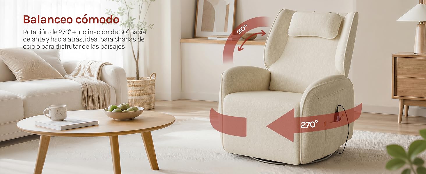 El texto dice «Balanceo cómodo» con subtítulos en español que describen la comodidad. Sala de estar interior con sillón tapizado en color crema con paneles decorativos en rojo y coral contra un sofá beige y muebles de madera.
