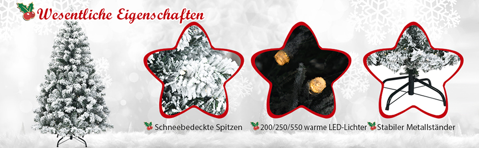 Künstlicher Weihnachtsbaum mit Schnee und warmweißen LED-Leuchten