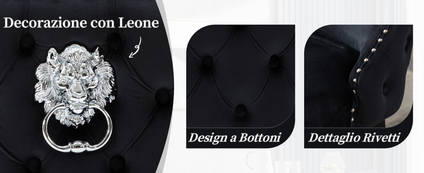 Tessuto nero con battente a forma di testa di leone argentato decorato. I primi piani mostrano il design a bottoni e i dettagli con rivetti