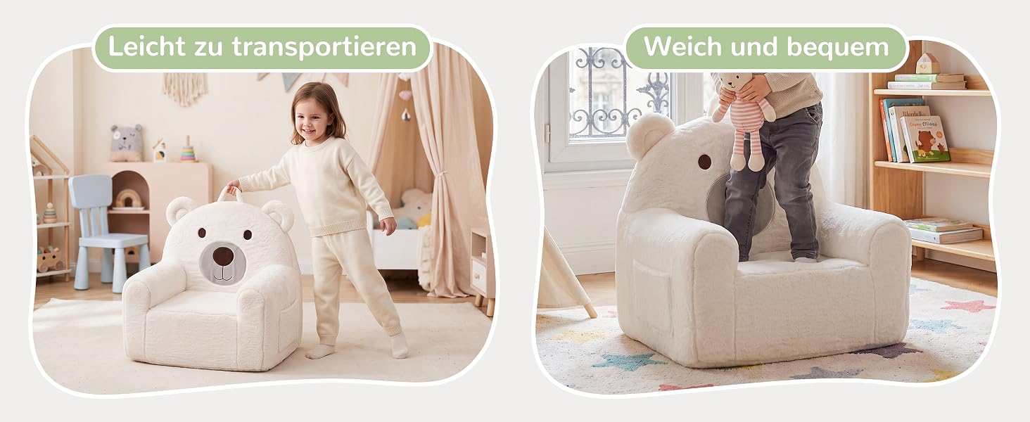 Auf zwei abgerundeten rechteckigen Produktkartons steht „Schnell und praktisch“. Lifestyle-Bilder auf geteiltem Bildschirm, auf denen Frauen in weißer Kleidung das Produkt in Schlaf- und Wohnzimmern mit warmem, neutralem Dekor verwenden.