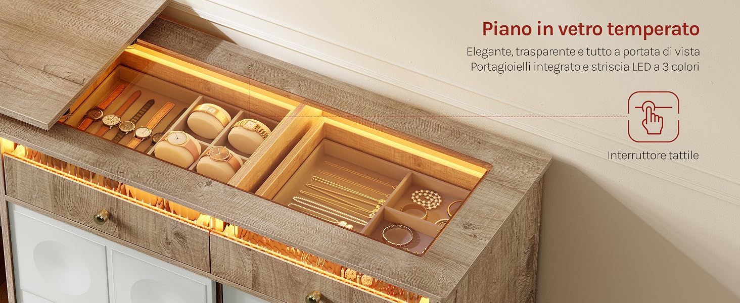 Il testo recita «Piano in vetro temperato» con specifiche aggiuntive in italiano. L'immagine mostra un organizer per cassetti in legno con più scomparti contenenti piccoli oggetti, visto dall'alto.