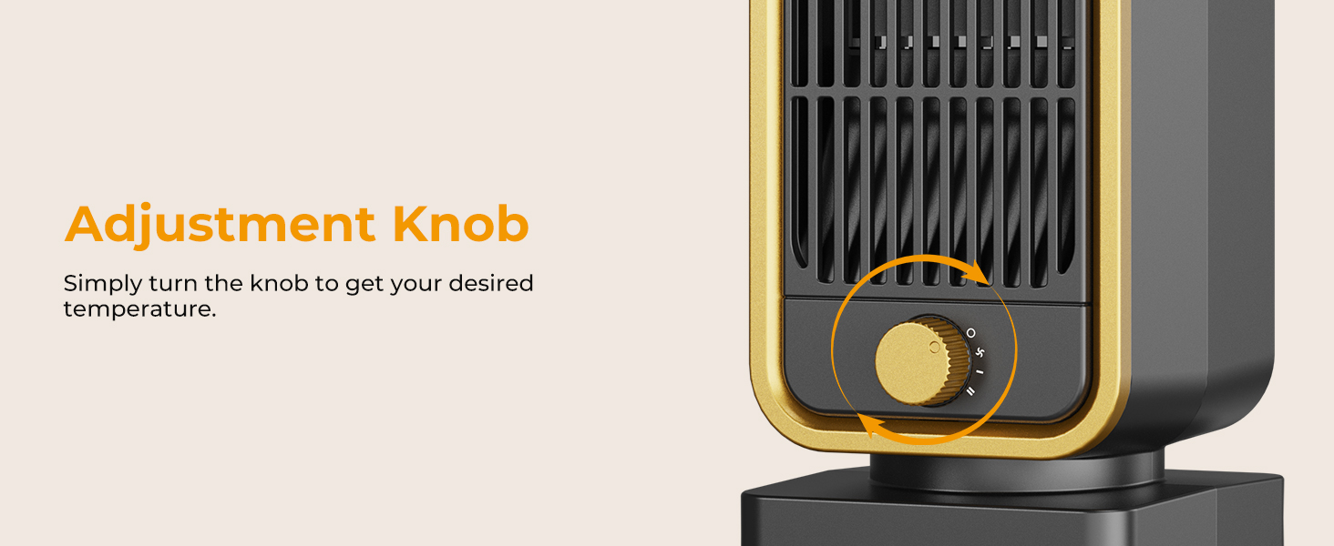 Text reads 'Adjustment Knob' with 'Simply turn the knob to set your desired temperature'. Close-up of black device with temperature control feature.