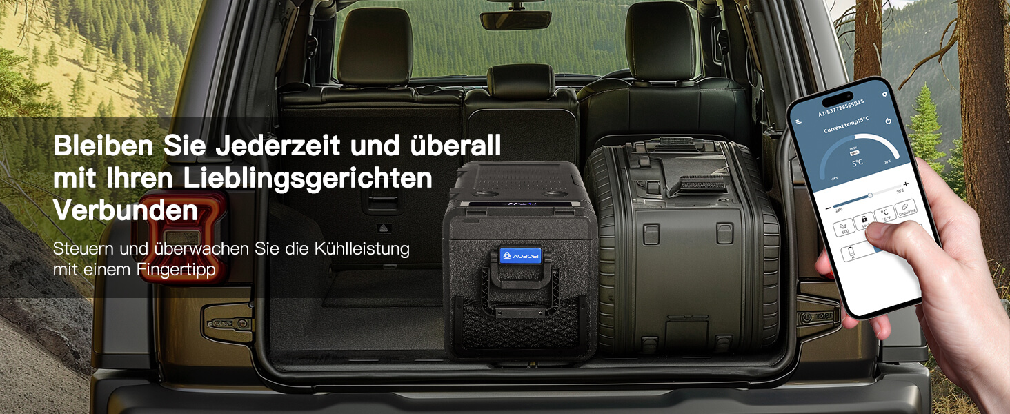 Der Text lautet „Bleiben Sie jederzeit und überall mit Ihren Angehörigen in Verbindung“. Kofferraumsystem mit Handy mit Konnektivitätsfunktion.