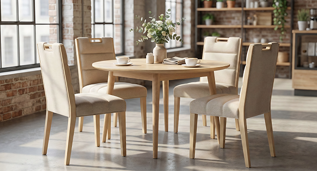 Interno moderno della sala da pranzo con mobili in legno con sedie imbottite beige in uno spazio luminoso con pareti in mattoni a vista e ampie finestre.