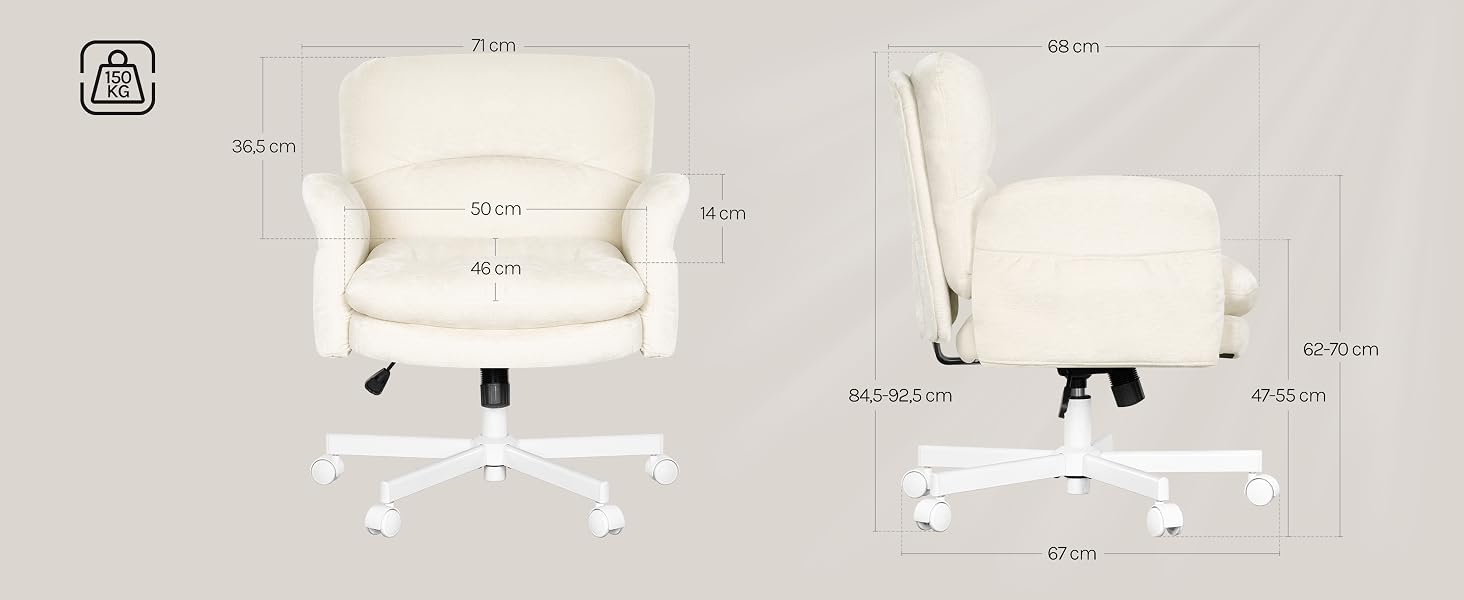 Schéma technique montrant les dimensions et les mesures d'une chaise ou d'un siège blanc vu de face et de côté.