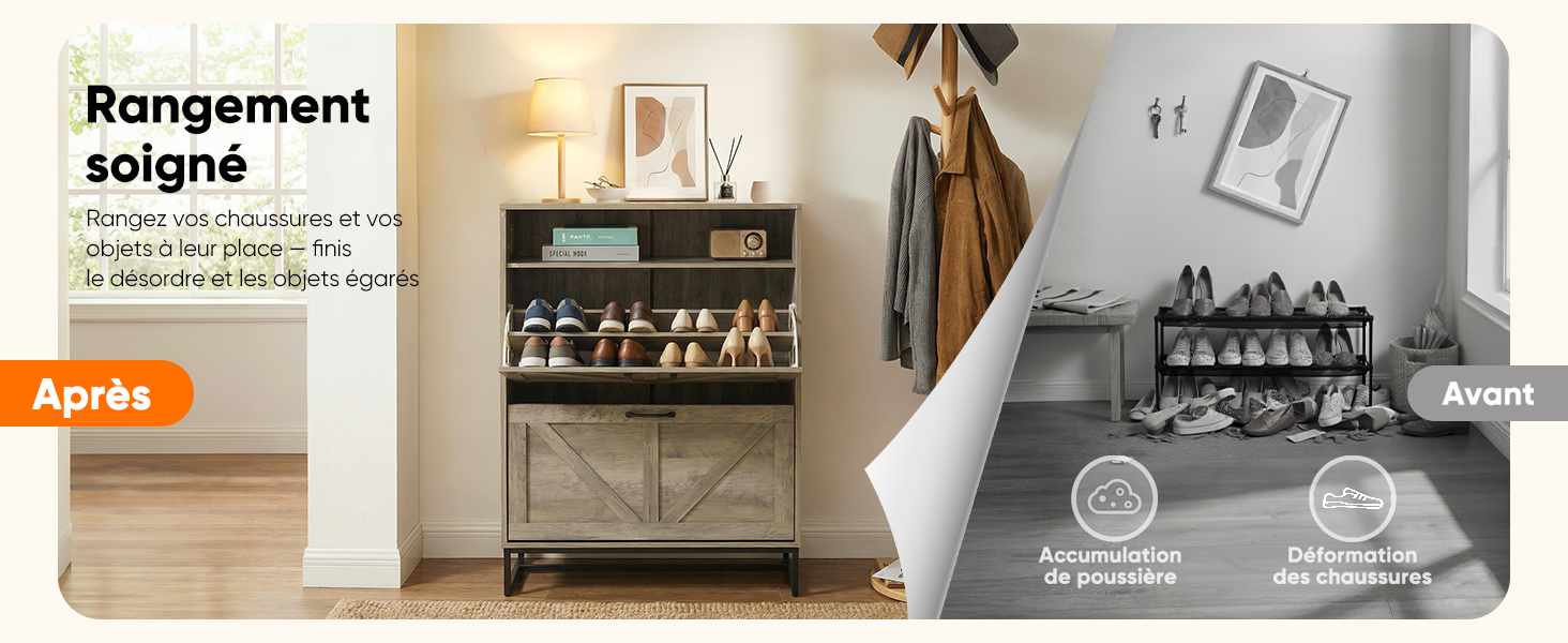 Le texte indique « Rangement ». Plusieurs images promotionnelles montrant des solutions de rangement pour la maison organisées avec des chaussures soigneusement disposées sur des étagères et des meubles dans des environnements minimalistes.