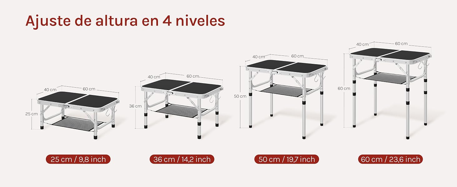 El texto dice «Ajuste de altura en 4 niveles». Diagrama que muestra una plataforma o mesa ajustable a diferentes niveles de altura con medidas.