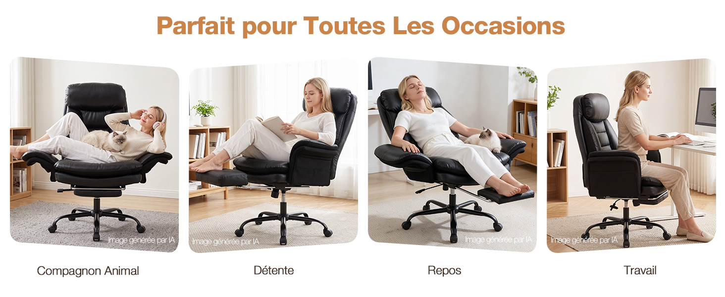 Le texte se lit comme suit : « Parfait pour toutes les occasions » avec quatre scénarios d'utilisation intitulés « Dossier Arrière », « Câlamin », « Repos » et « Travail ». Chaise ergonomique noire présentée dans de multiples positions inclinées démontrant sa capacité de réglage.