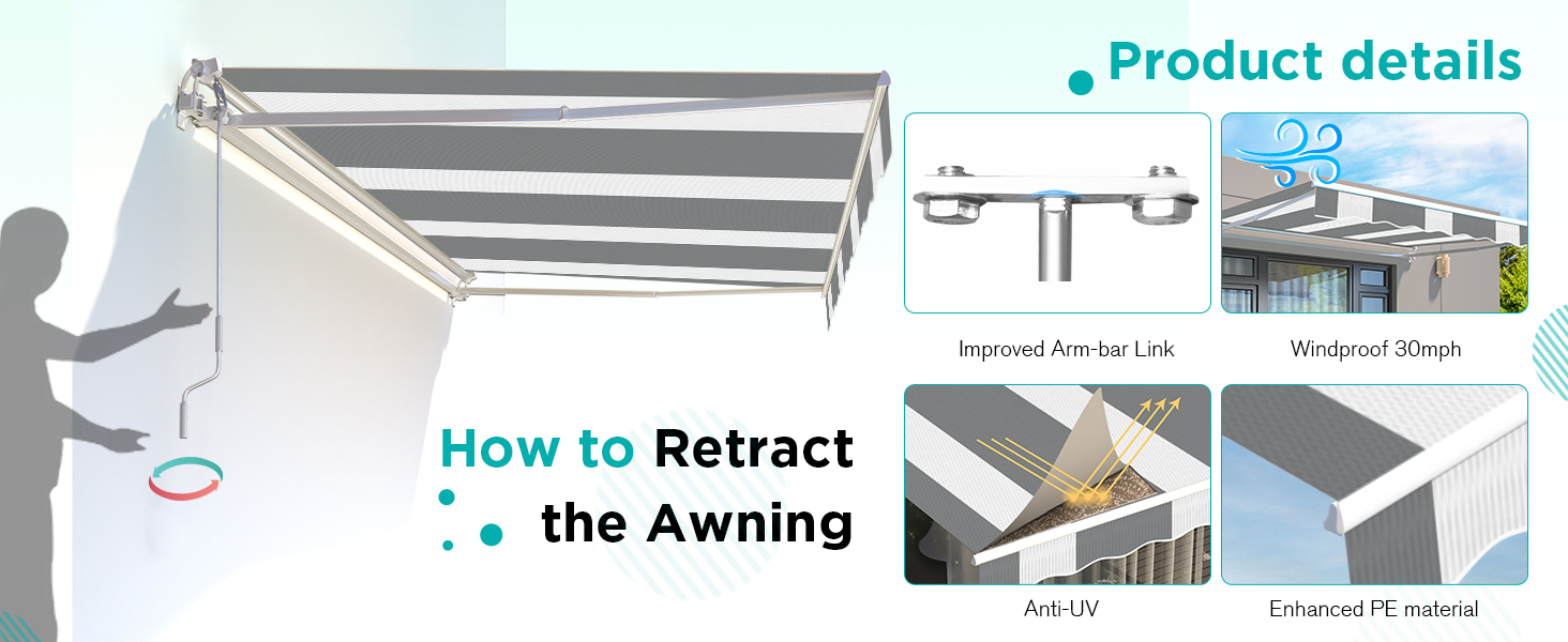 Text reads 'Product details' and 'How to Retract the Awning'. Instructional diagram showing retractable awning mechanism with multiple steps and detailed parts.