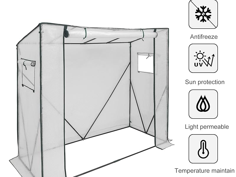 Tenda portaoggetti per esterni autoportante con caratteristiche protettive tra cui antigelo, protezione solare, permeabilità alla luce e mantenimento della temperatura,