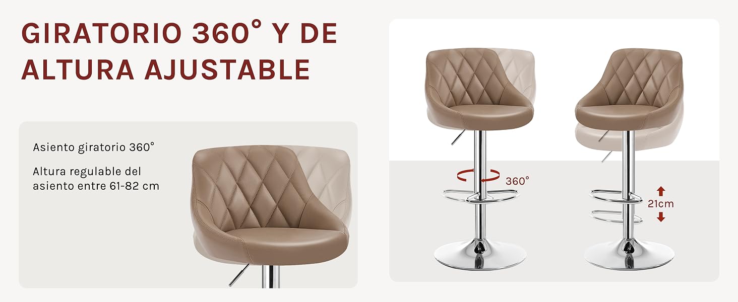 con giro de 360 grados y altura ajustable. Base cromada con reposapiés. Las imágenes del producto muestran un taburete individual y un par de taburetes, enfatizando las funciones de rotación y ajuste de altura