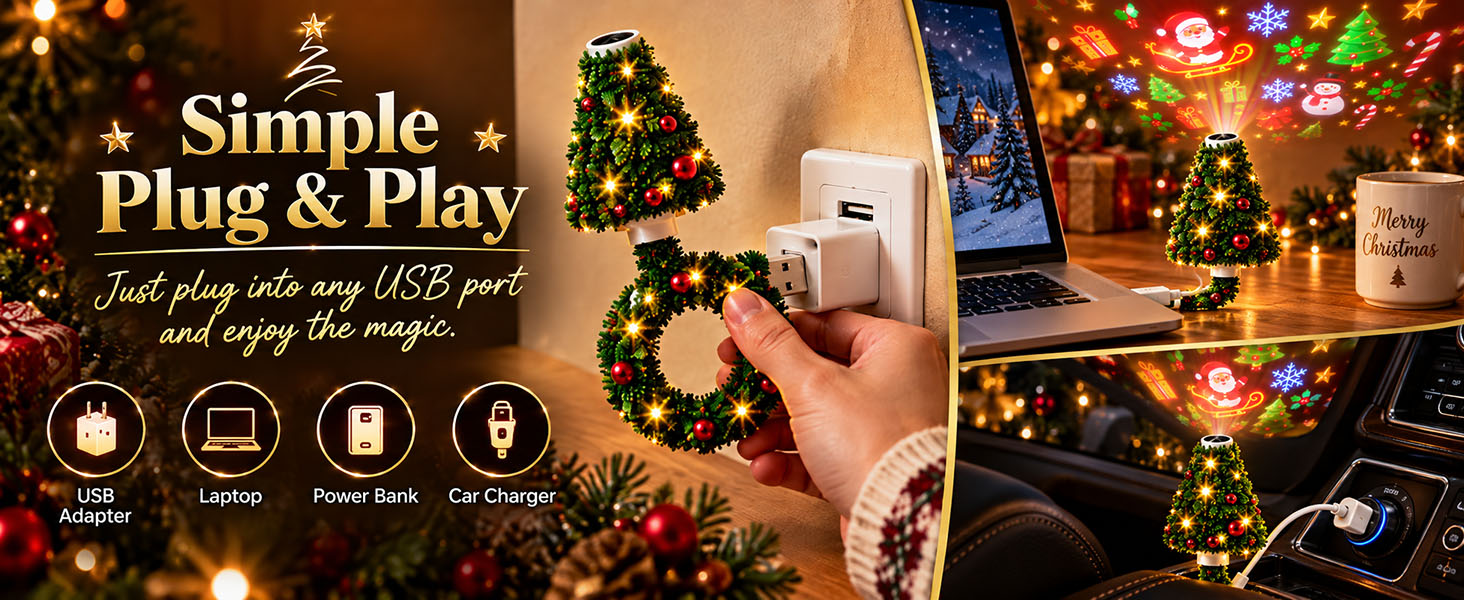 El texto dice «Simple Plug &amp; Play» y se muestra la configuración de decoración navideña. El texto incluye los iconos «Power Plug» y «App Control». Demostración de productos de iluminación navideña o decoración de temporada en el hogar.
