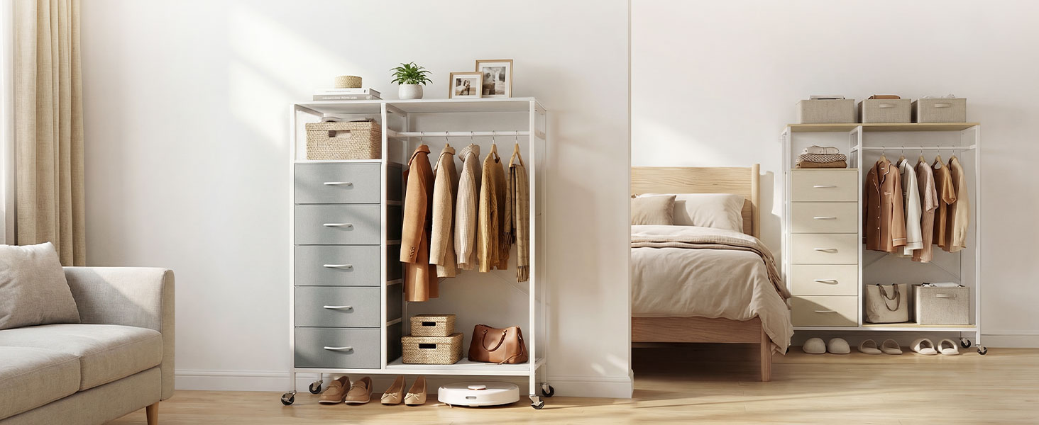 Série de photos intérieures montrant des meubles de chambre modernes dans des tons neutres, notamment des lits, des tables de chevet et des solutions de rangement de style minimaliste.