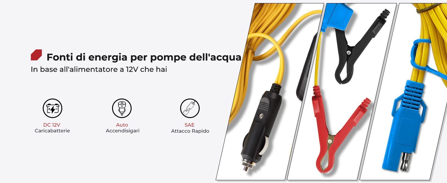 Tre connettori elettrici per pompe d'acqua: un connettore a pinza rosso e nero, un connettore a spina blu e un adattatore per accendisigari per auto, disposti su uno sfondo bianco