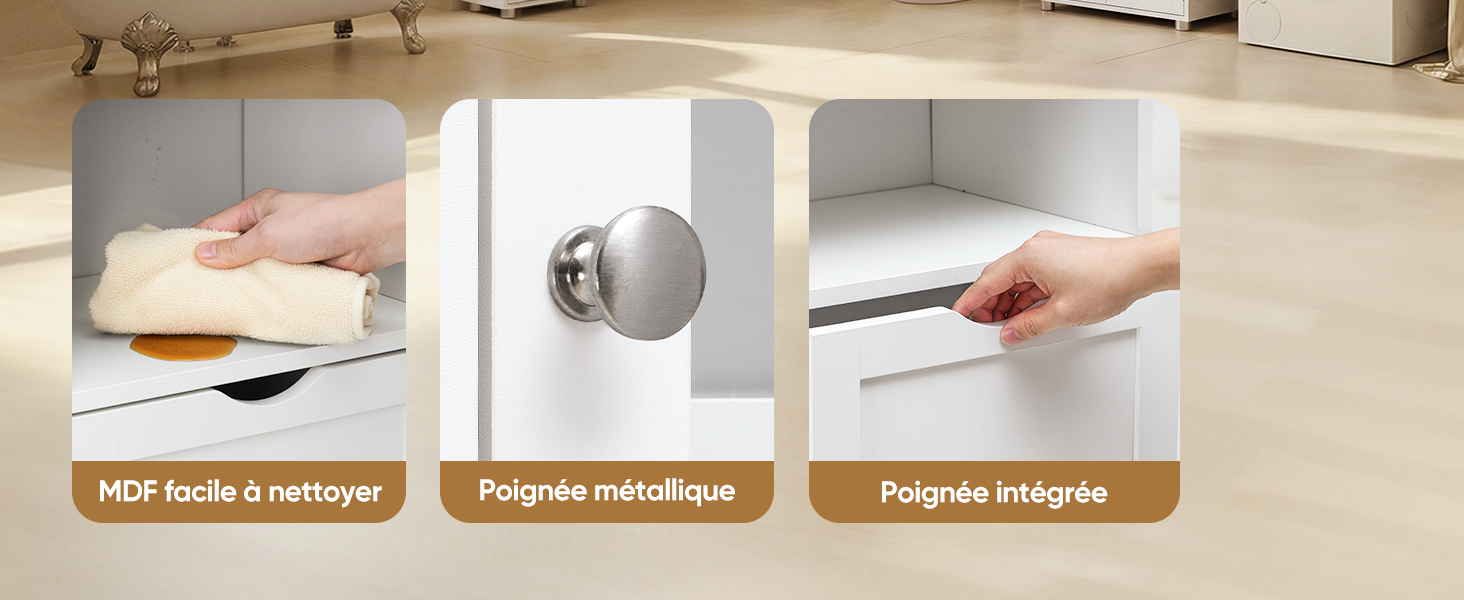 Séquence didactique montrant trois étapes d'utilisation du produit sur une surface beige, avec des mains montrant les différentes étapes de l'application.