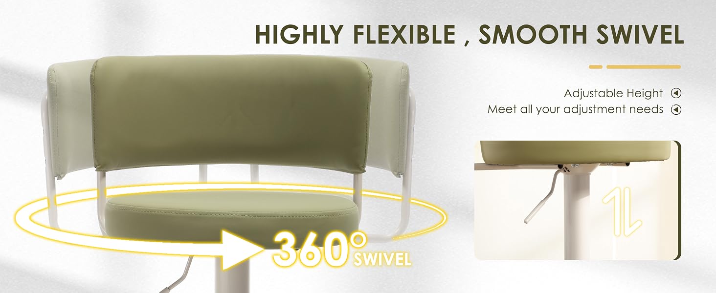 Text reads 'HIGHLY FLEXIBLE, SMOOTH SWIVEL', '360°', 'Altura: altura y', 'Head of chair can be rotated'. Green upholstered modern swivel chair showing 360-degree rotation capability and flexible movement features.