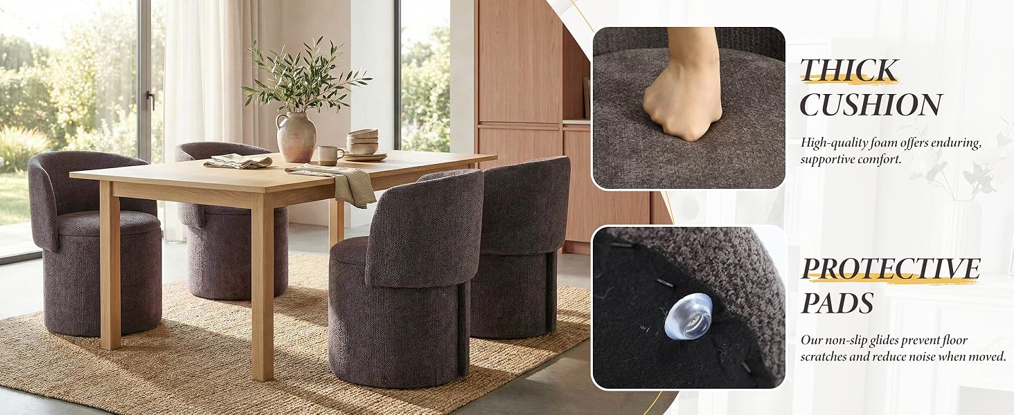 Text reads 'THICK CUSHION' and 'PROTECTIVE PAD'. Product demonstration images showing cushion thickness and protective features in dining room setting.