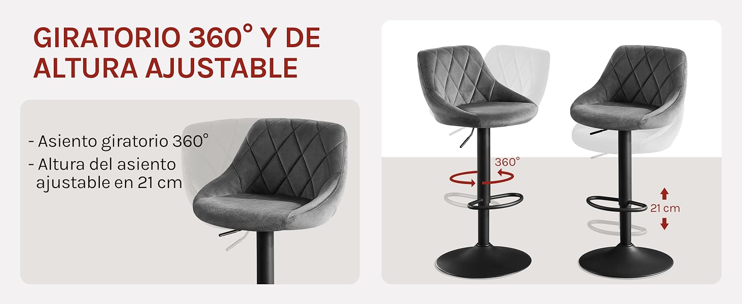 El texto dice «GIRATORIO 360° Y DE ALTURA AJUSTABLE». Dos taburetes ajustables negros idénticos con reposapiés mostrados desde diferentes ángulos.