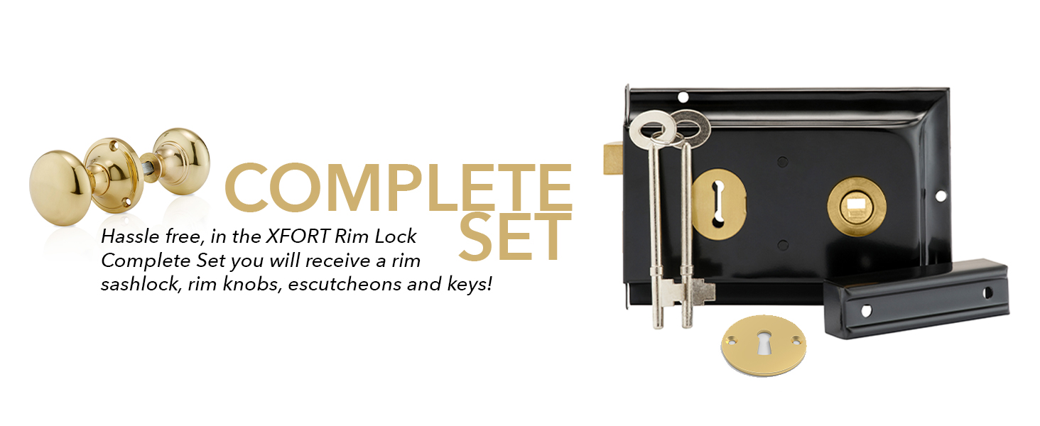 Complete lock set featuring brass doorknobs and black metal rim lock mechanism with keys and installation hardware.