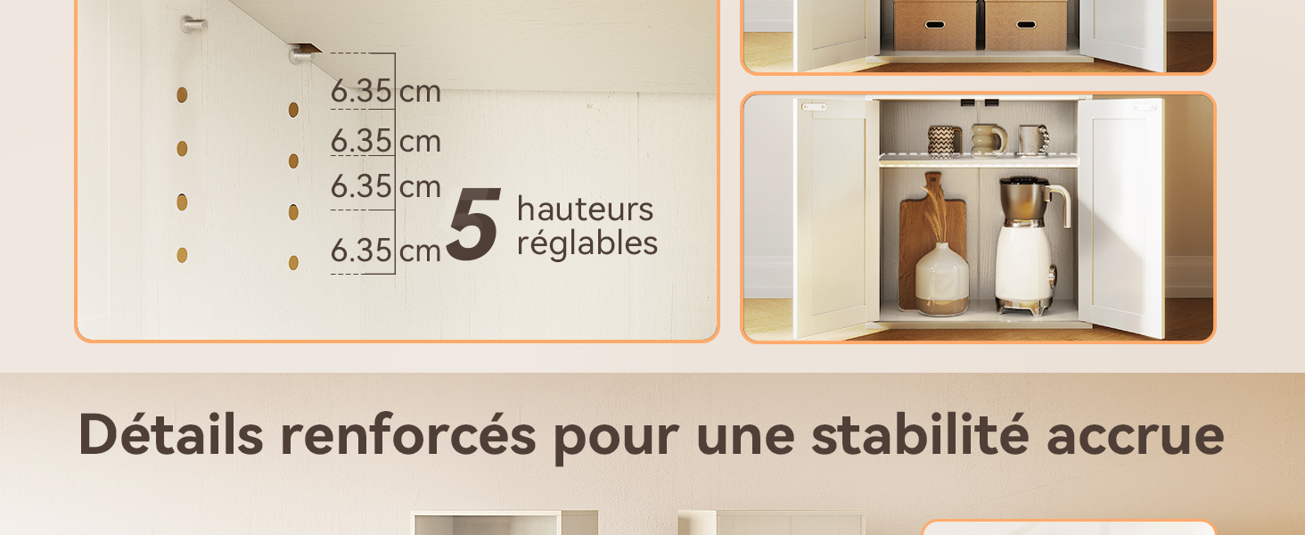 Le texte se lit comme suit : « Détails renforcés pour une stabilité accrue ». Schéma technique montrant les spécifications de mesure et l'emplacement des étagères dans une unité de stockage.