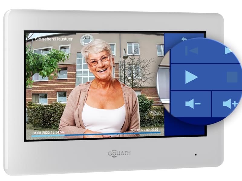 Digitale Video-Gegensprechanlage mit Goliath-Logo, grauem Rahmen, LCD-Bildschirm und blauen Steuertasten für Lautstärke