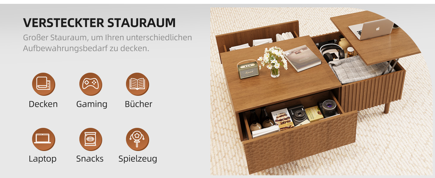 Der Text lautet „VERSTECKTER STAURAUM“. Produktdokumentation, die eine Holzoberfläche oder ein Möbelstück mit Aufbewahrungsfunktion zeigt.