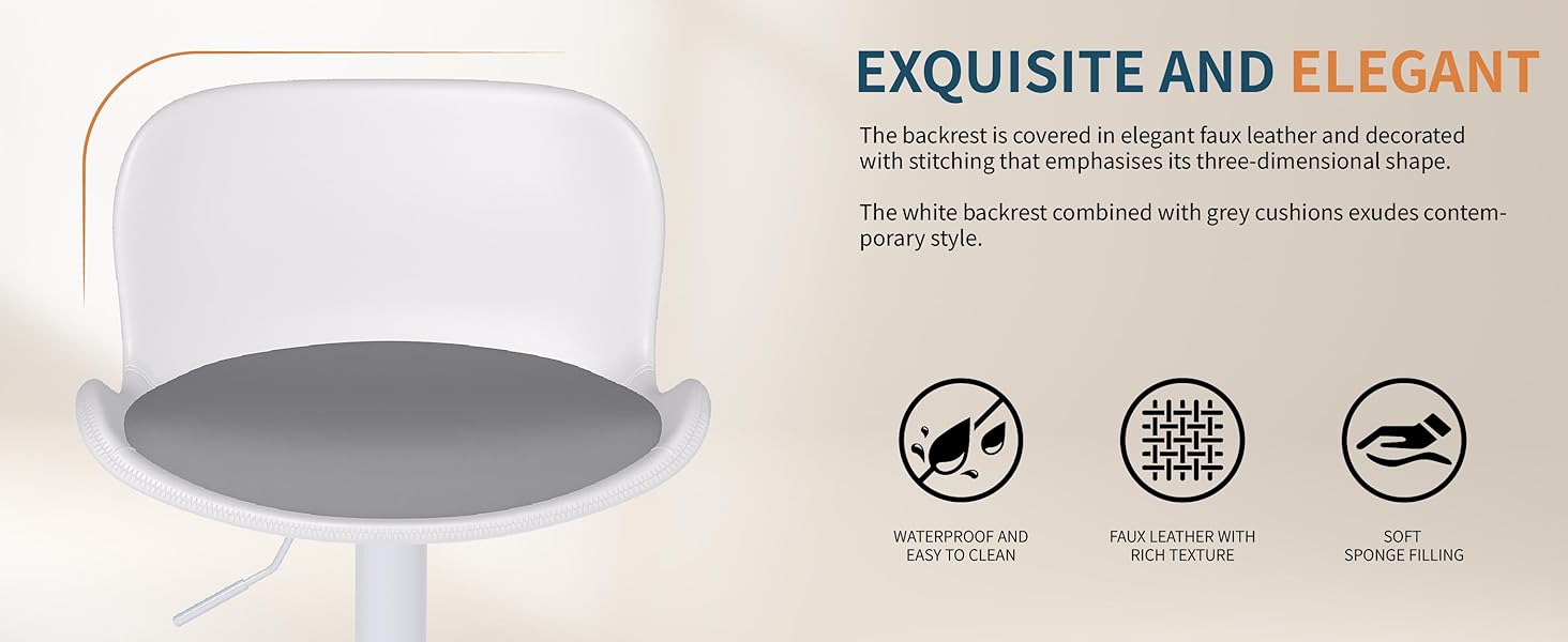 Text reads 'EXQUISITE AND ELEGANT. It's not bulky saving 1.35/sqm in the USA and world standard filters.' Product image shows white cylindrical air filter with three circular icons below.