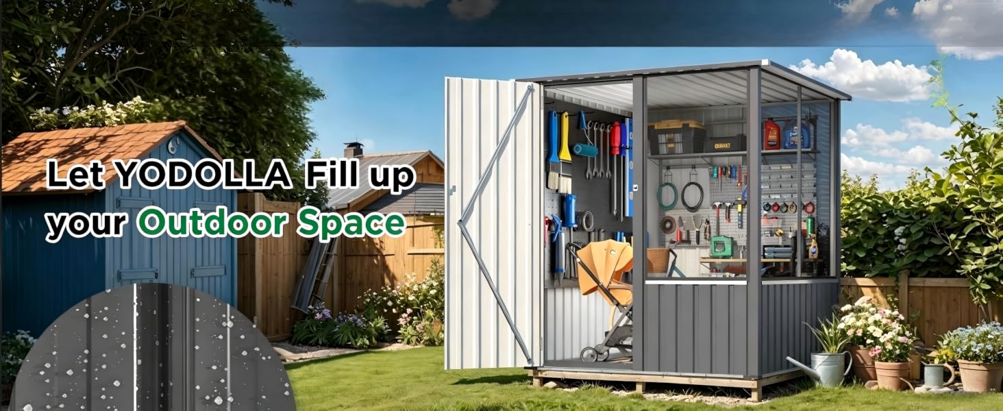 Text reads "LOYO DOLL Fill up your outdoor space". Outdoor garden shed or storage structure with open doors displaying interior storage compartments against blue sky background.