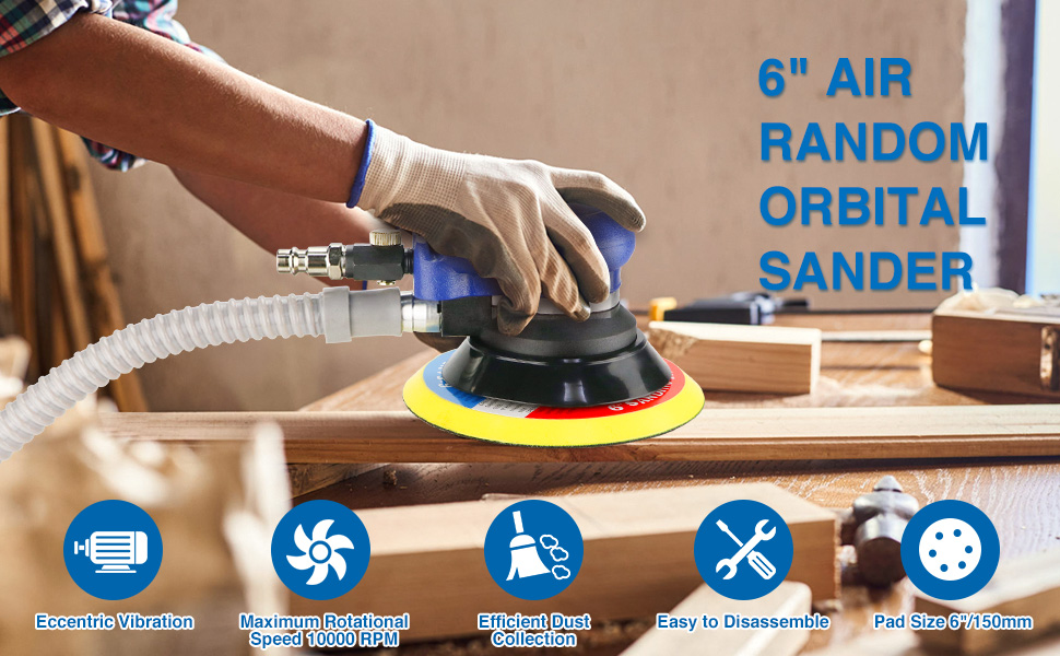 de 6 pouces utilisée avec un système de collecte de poussière, affichant cinq icônes de caractéristiques ci-dessous, notamment des fonctionnalités ergonomiques de vibration et de collecte de poussière