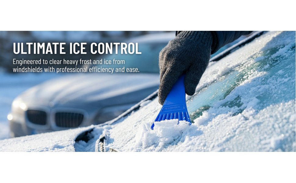 Text reads 'Image 5', 'ULTIMATE ICE CONTROL'. Close-up of blue ice scraper being used to remove frost from car windshield.