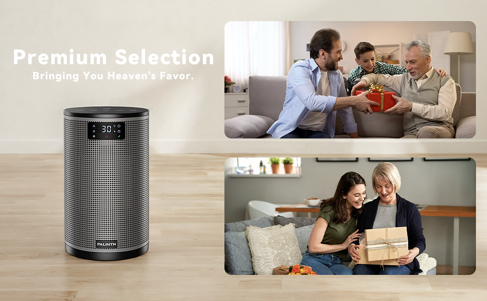 Cylindrical black digital heater with LED display shown alongside lifestyle images of people in home settings. Premium selection text visible.
