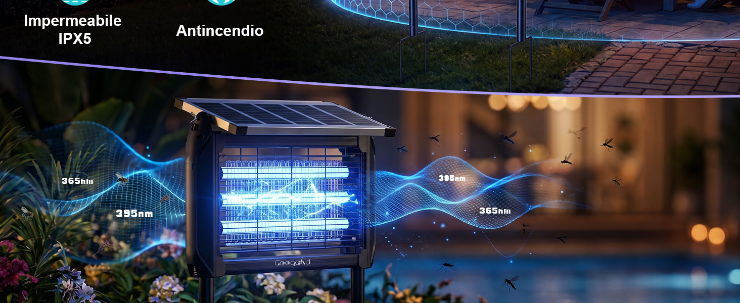 Le texte indique « impermeabile IPAS » et « Anticimento ». Scène nocturne extérieure montrant une structure architecturale illuminée ou une pergola avec éclairage bleu et jeux d'eau, ambiance du bâtiment visible.