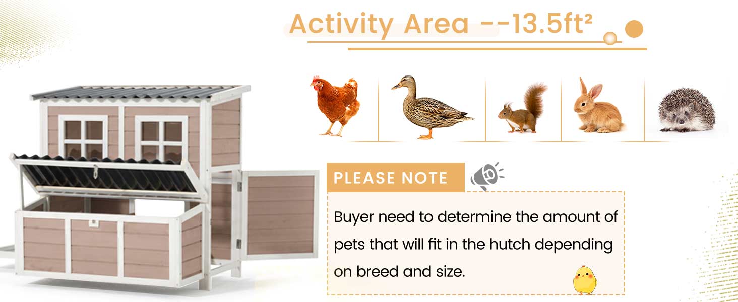 Text reads 'Activity Area ~13.5ft²' with animal icons (fox, bird, rabbit, hedgehog). Wooden hutch structure shown with 'PLEASE NOTE' regarding pen sizing and material composition details.