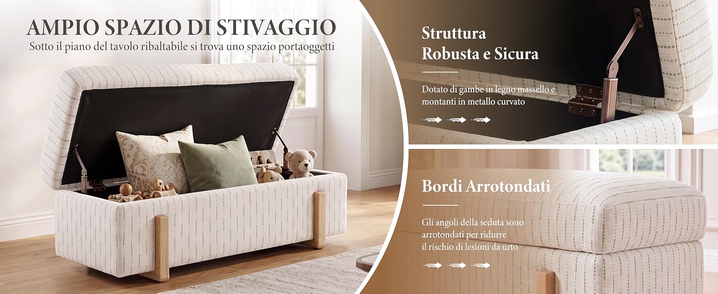 Il testo recita «AMPIO SPAZIO DI STIVAGGIO» e «Bellezza e Stanza» con le descrizioni dei prodotti. Panca/pouf portaoggetti color crema con trama intrecciata, esposta aperta e con uno scomparto interno con tessuti piegati e oggetti decorativi.