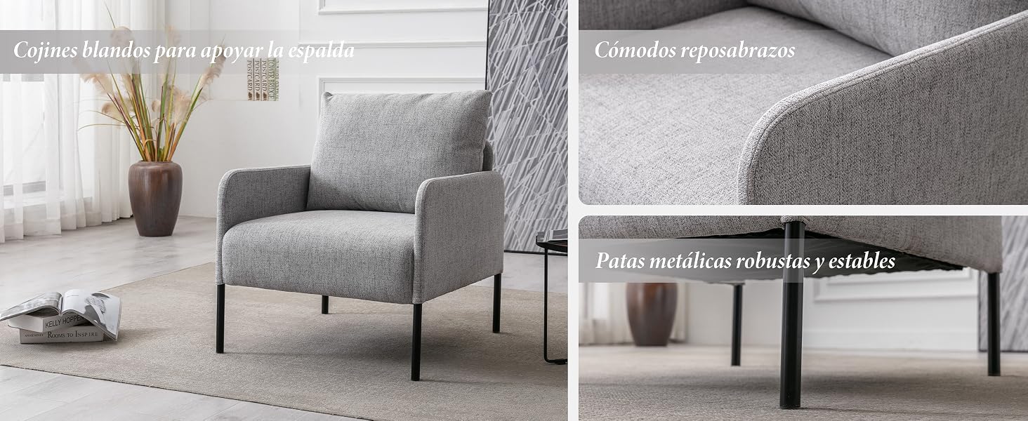 Sillón gris con elegantes patas de metal en un ambiente de sala de estar.