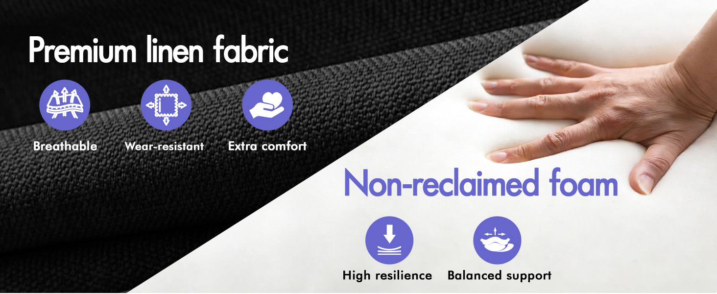 Text reads 'Premium linen fabric' with icons 'Breathable Waterproof Easy comfort' and 'Non-reclaimed foam' with icons 'High resilience Balanced support'. Close-up showing black fabric and foam material properties.