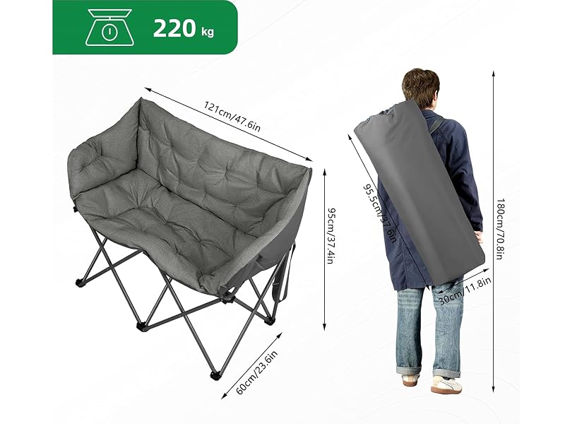 Silla de camping doble plegable portátil con tela acolchada gris, que muestra las dimensiones y una capacidad de peso de 220 kg. Incluye una comparación que muestra el tamaño del paquete cuando está doblado.