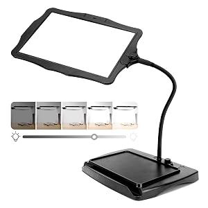 avec éclairage LED sur support flexible. La base comprend un panneau de commande. L'encart montre 5 niveaux de luminosité. Grand objectif rectangulaire pour une large zone de visualisation.