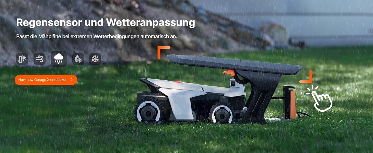 Der Text lautet „Regensensor und Wetteranpassung“. Szene im Freien, die die Implementierung wetterbedingter Technologien mit überlagerten Symbolanzeigen zeigt.