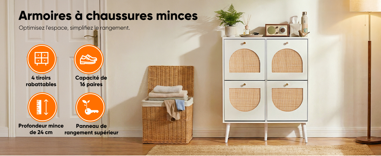 Le texte indique « Armoires à chaussures hachées ». Présente un meuble de rangement à chaussures mince de couleur blanche contre un mur avec démonstration de sa capacité de rangement.