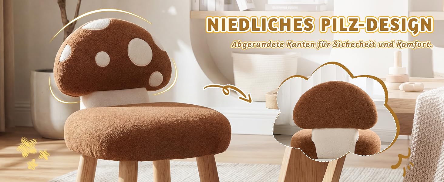 Der Text lautet „NIEDLICHES PILZ-DESIGN“. Braunes, pilzförmiges Möbelstück, in mehreren Winkeln vor hellem Holzuntergrund dargestellt.